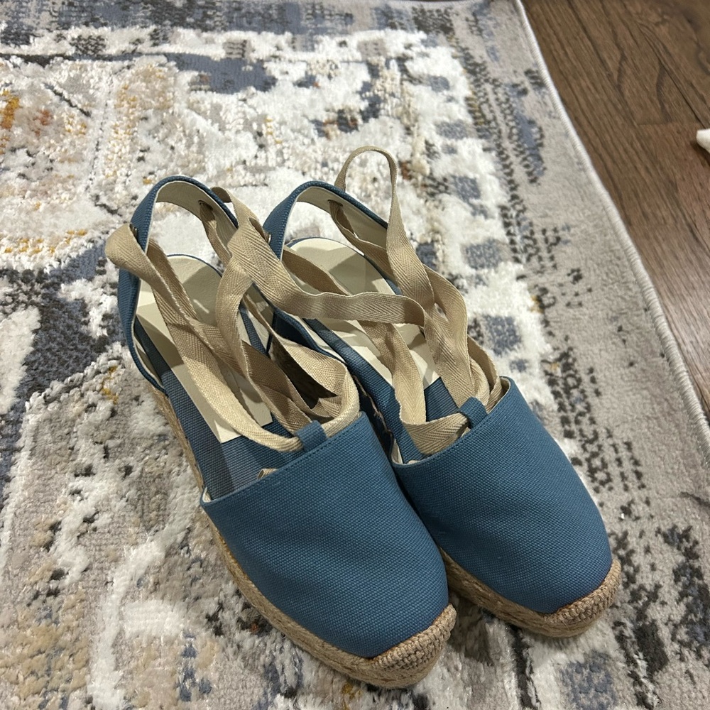 Ralph Lauren Blue Canvas Espadrille Wedge Sandals with Beige Ankle Ties